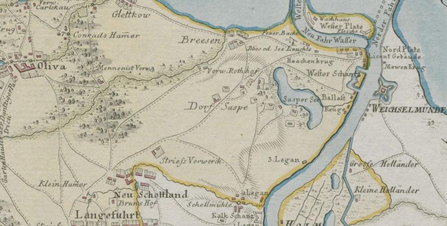 Fragment kolorowego planu Gdańska i okolic z 1783 r.