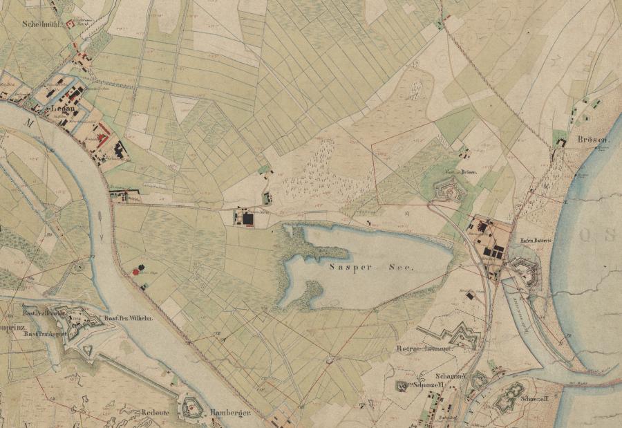 Fragment kolorowego planu twierdzy Gdańsk i okolic z 1867 r.